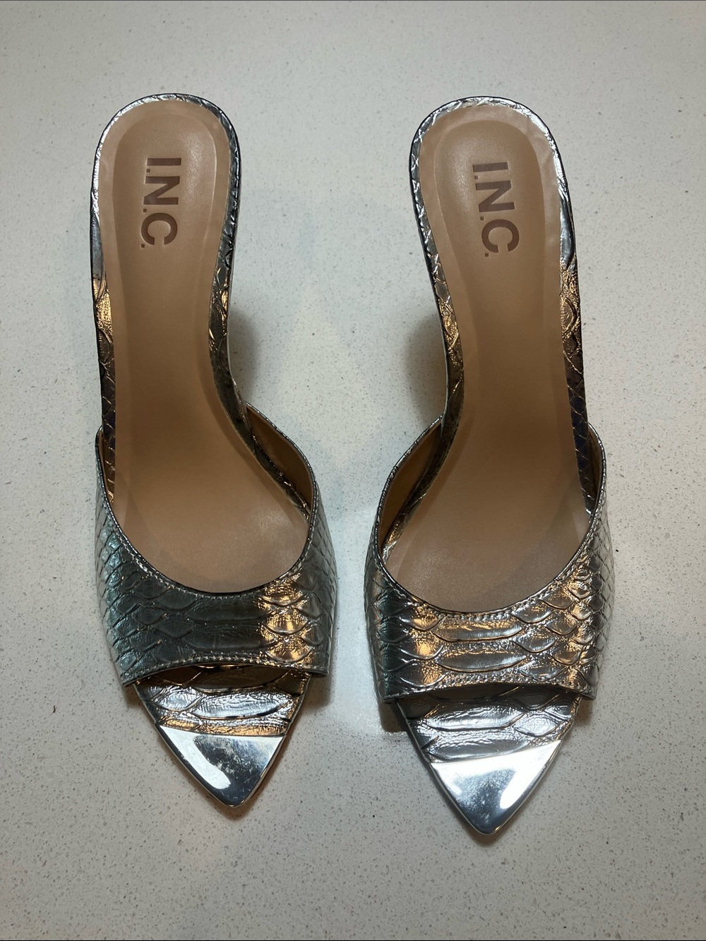 INC International Concepts Metallic Silver Pointed Mule with Textured Upper